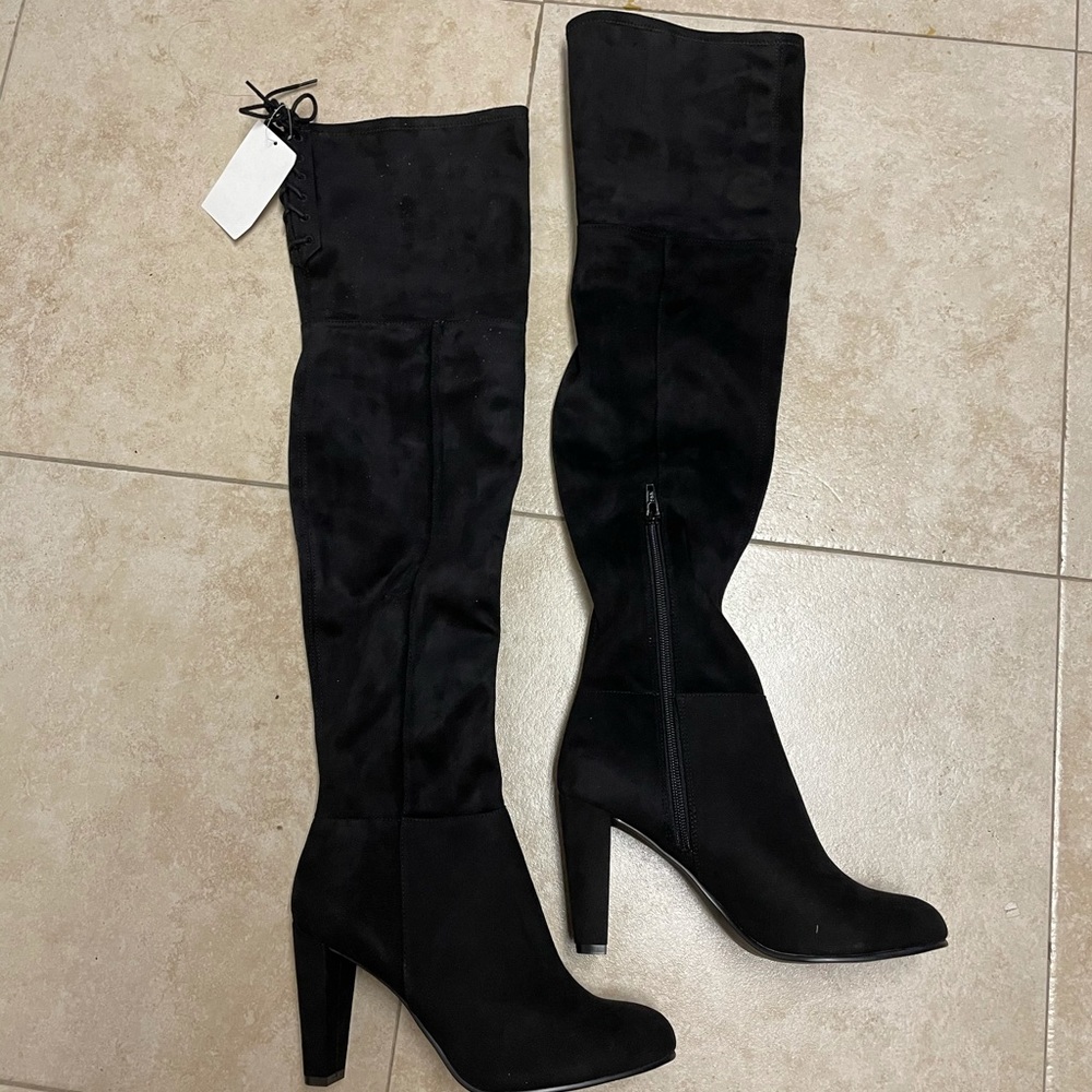 H&M OTK Over the Knee Black Suede Heeled Boots